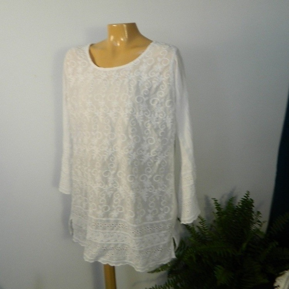 Anandas‎ Collection Tunic Top Womens Large White Embroidered Eyelet Cotton Boho